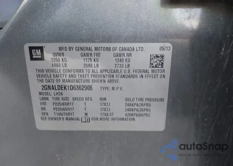 2013 Chevrolet Equinox 1Lt из США, поврежденный, VIN 2GNALDEK1D6362906